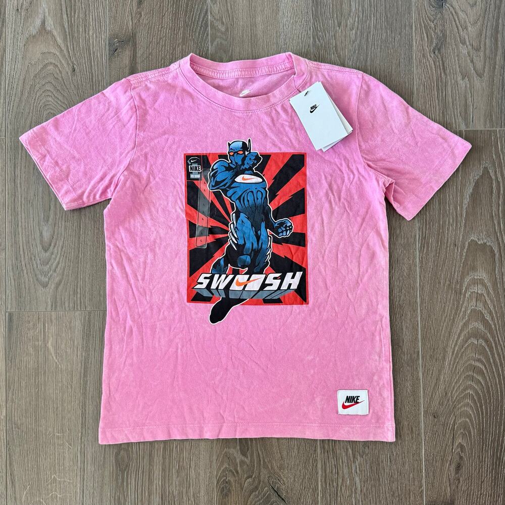Nike Swooshman Superhero Graphic Tshirt Retro Pink Acid Wash Kids Large NEW